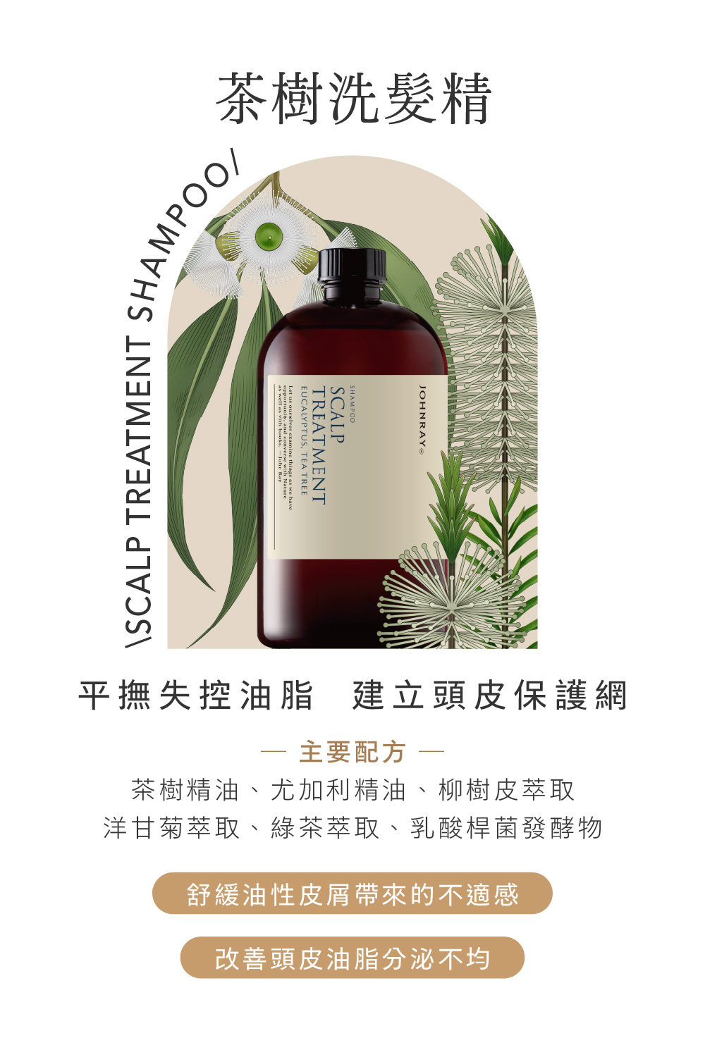 茶樹洗髮精MPOO/SCALP TREATMENTSHAMPOOSCALPTREATMENTEUCALYPTUS TEA TREE and converse  NatureJOHNRAY平撫失控油脂 建立頭皮保護網主要配方茶樹精油、尤加利精油、柳樹皮萃取洋甘菊萃取、綠茶萃取、乳酸桿菌發酵物舒緩油性皮屑帶來的不適感改善頭皮油脂分泌不均