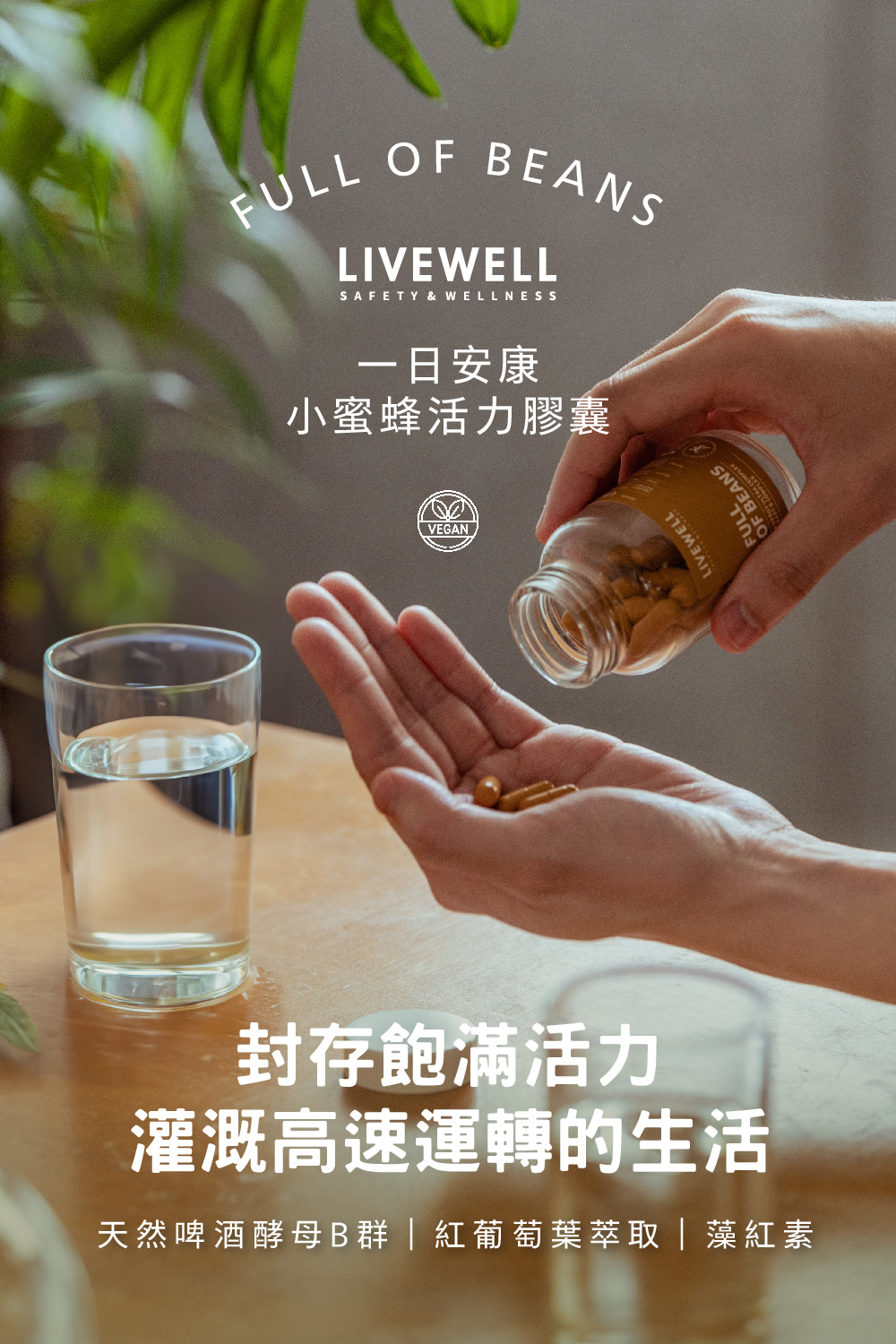 一日安康小蜜蜂活力膠囊添加天然啤酒酵母B群、紅葡萄葉萃取、蝦紅素(藻紅素)。封存飽滿活力，灌溉高速運轉的生活。