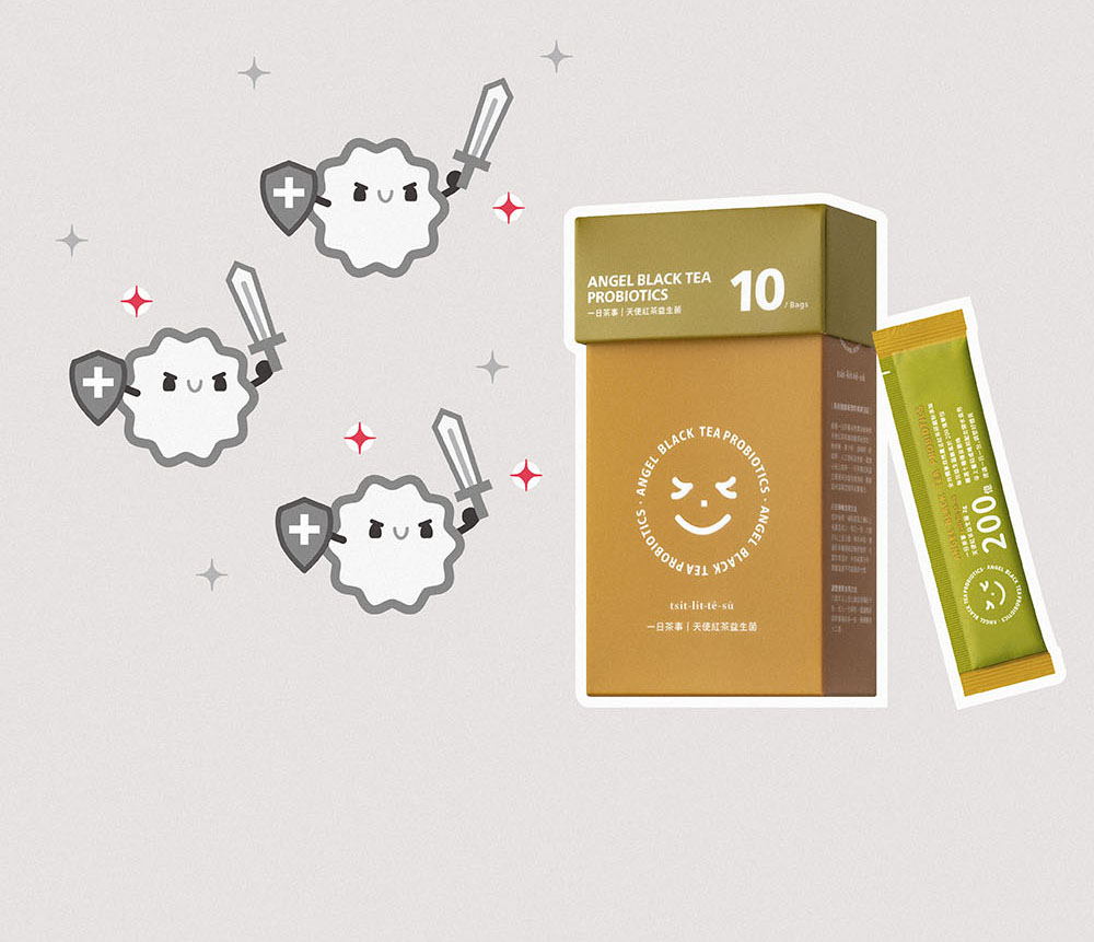 一日茶事天使紅茶益生菌，消化道保衛戰士！經過SGS認證200億菌數、10種優良菌種提供全方位保護力、3種益生元提供充足澎派補給